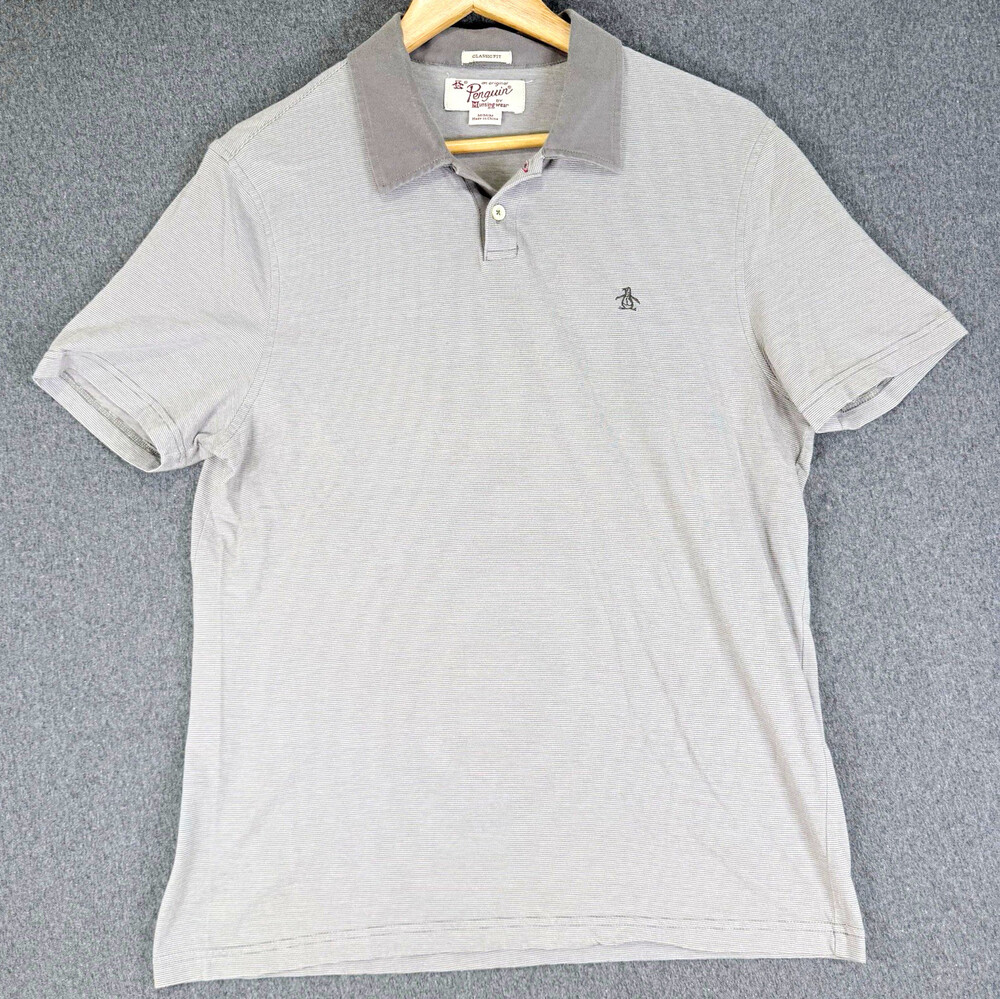 Original Penguin Mens M Gray Striped Classic Fit Polo Short Sleeve Logo READ